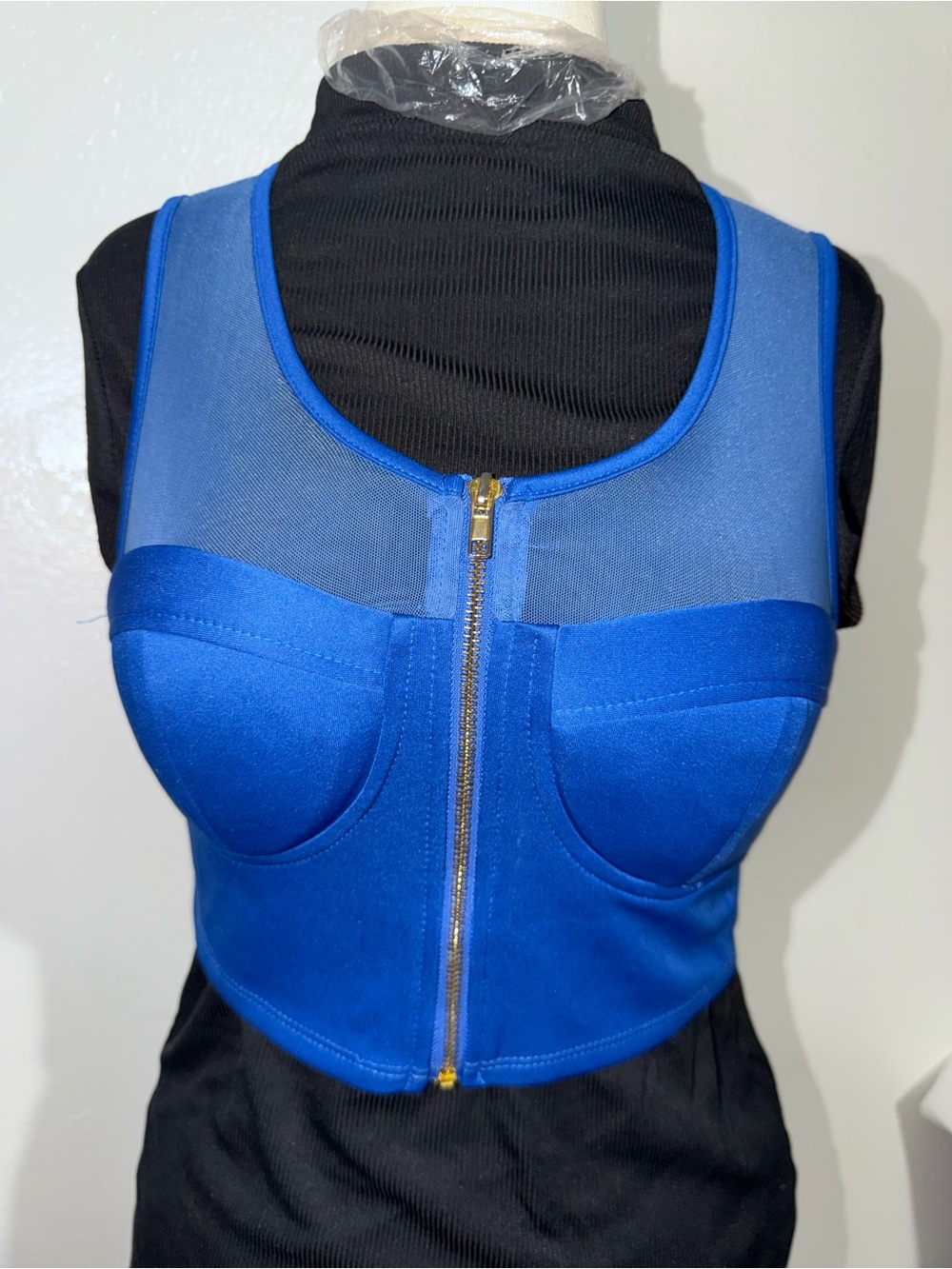 Miss Avenue Royal Blue Mesh-Top Zip-Front Crop Top